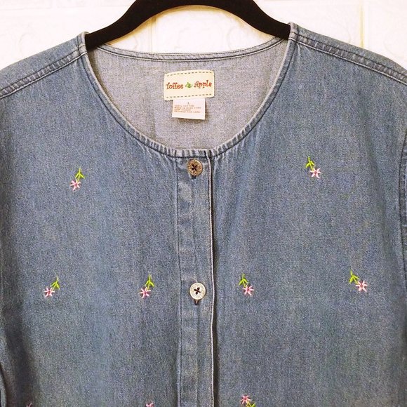 Vintage 80s Toffee Apple Denim Shirt -L Embroidered Daisies Button-Up Vents SS - Picture 2 of 10